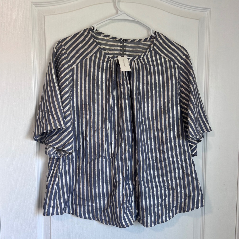 Anthropologie‎ Eva Franco Blue Gold Metallic Striped Flutter Sleeve Blouse 6 NEW